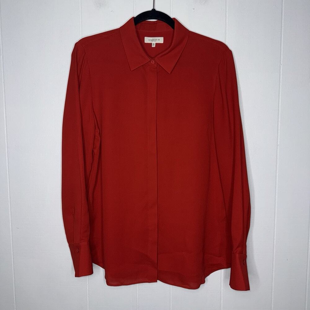 Lafayette 148 Women’s 100% Silk Hidden Placket Shirt Bright Red Orange Size M